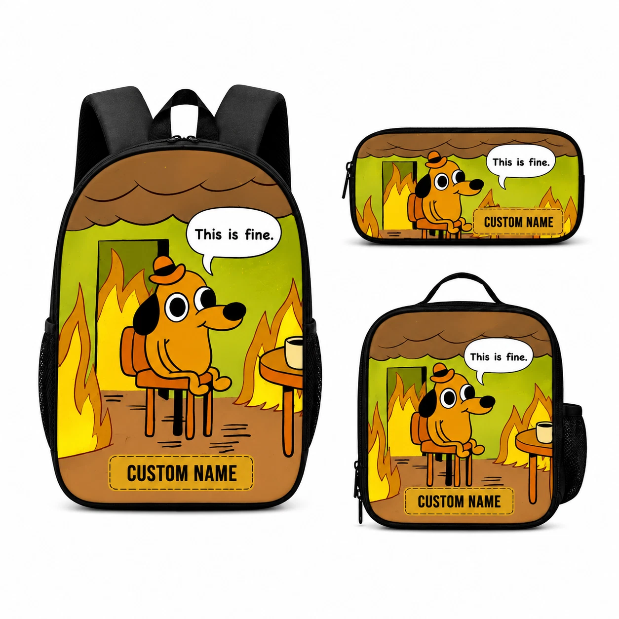 Custom Name Backpack Lunch Bag Pencil Case Set Funny Dog Fire Meme School Bag