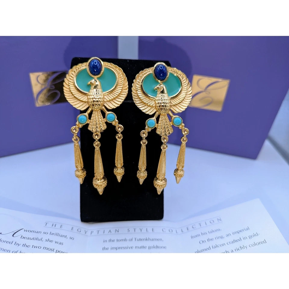 Elizabeth Taylor Avon Renacimiento Egipcio Halcón Clip Pendientes Oro 3 pulgadas Conjunto De Colección Foto 2 de 4