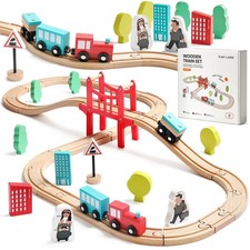 Tiny Land Wooden Train Set for Toddler - 39 Pcs- with 39PCS Set, Wood