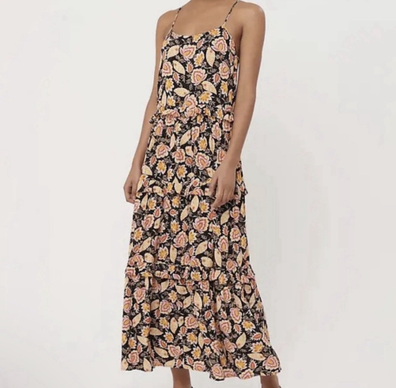 LOFT S/M Tiered Swing Maxi Dress Floral Sundress Orange Spaghetti Strap Prairie