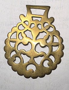 Vtg Horse Harness Bridle Brass Medallion Fleur De Lis 4 & 3.8" x 3 & 1/4" Patina