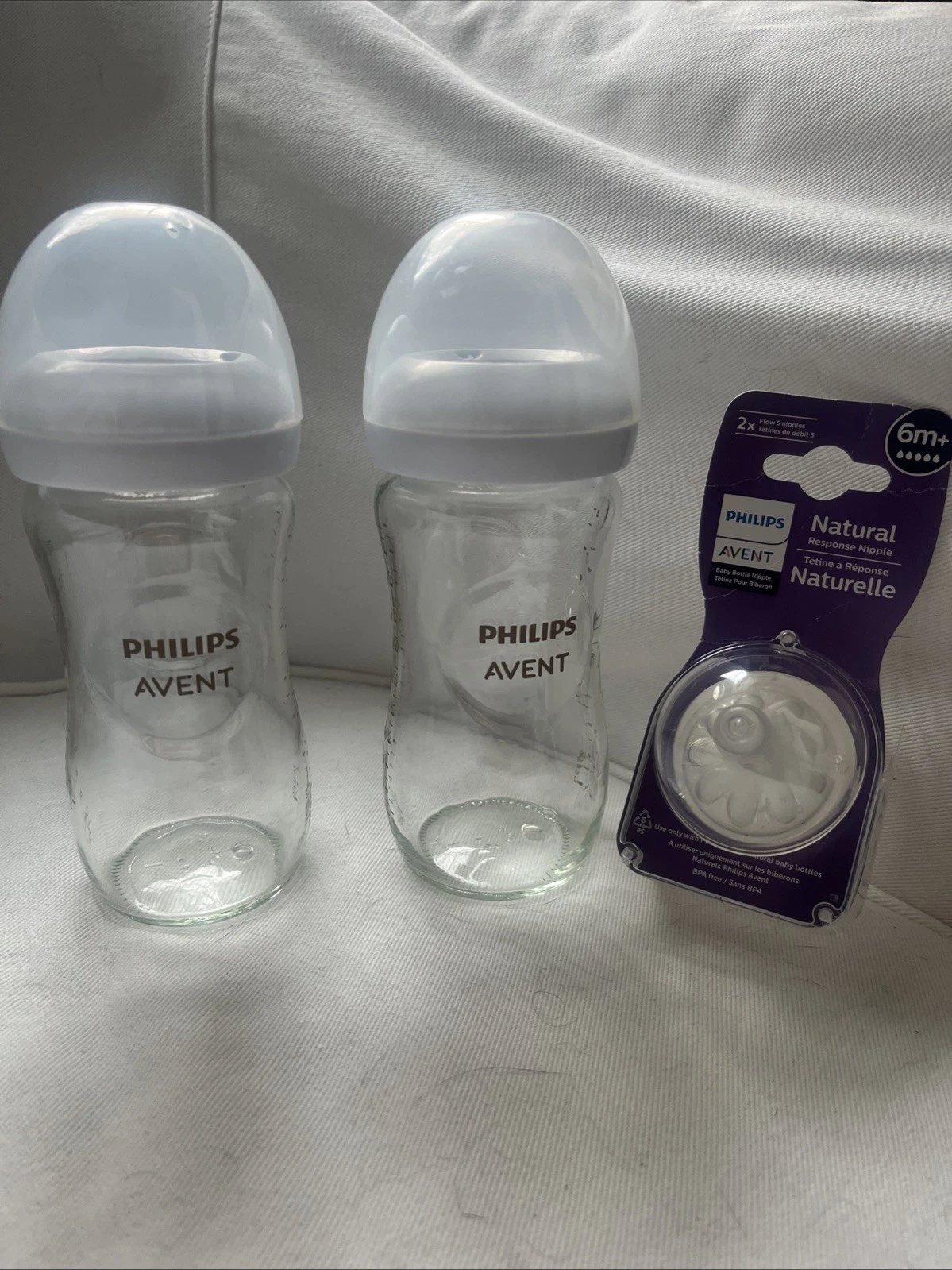 Lot 2 Philips Avent 8oz Glass Baby Bottles + 2 First Flow Bottle Nipples Natural