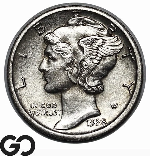 1928-D Mercury Dime, Choice AU++ Better Date Denver Issue