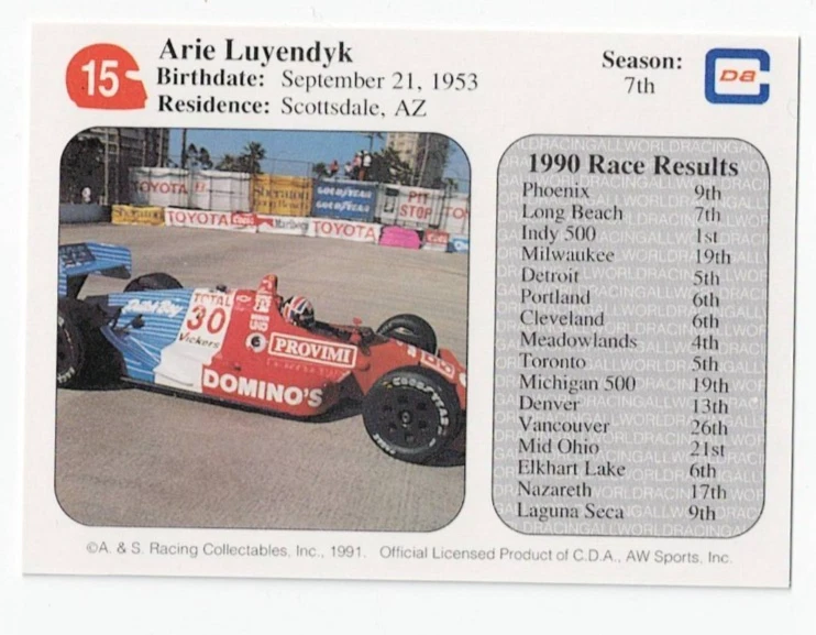 @@1991 PPG ARIE LUYENDYK Auto Signed card #15 INDY@4 - Image 2 of 2