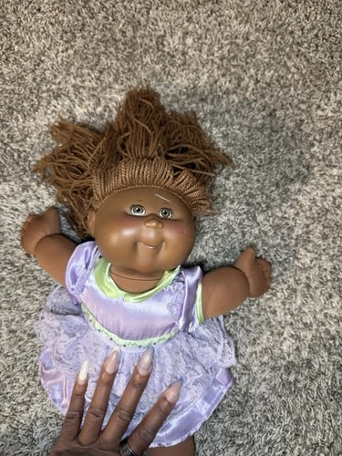 Vintage Cabbage Patch Kids Doll Brown Yarn Hair Purple Dress African American