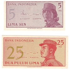 Lot of 2 Bank Indonesia 5 Sen and 25 Sen 1964 Banknotes Uncirculated