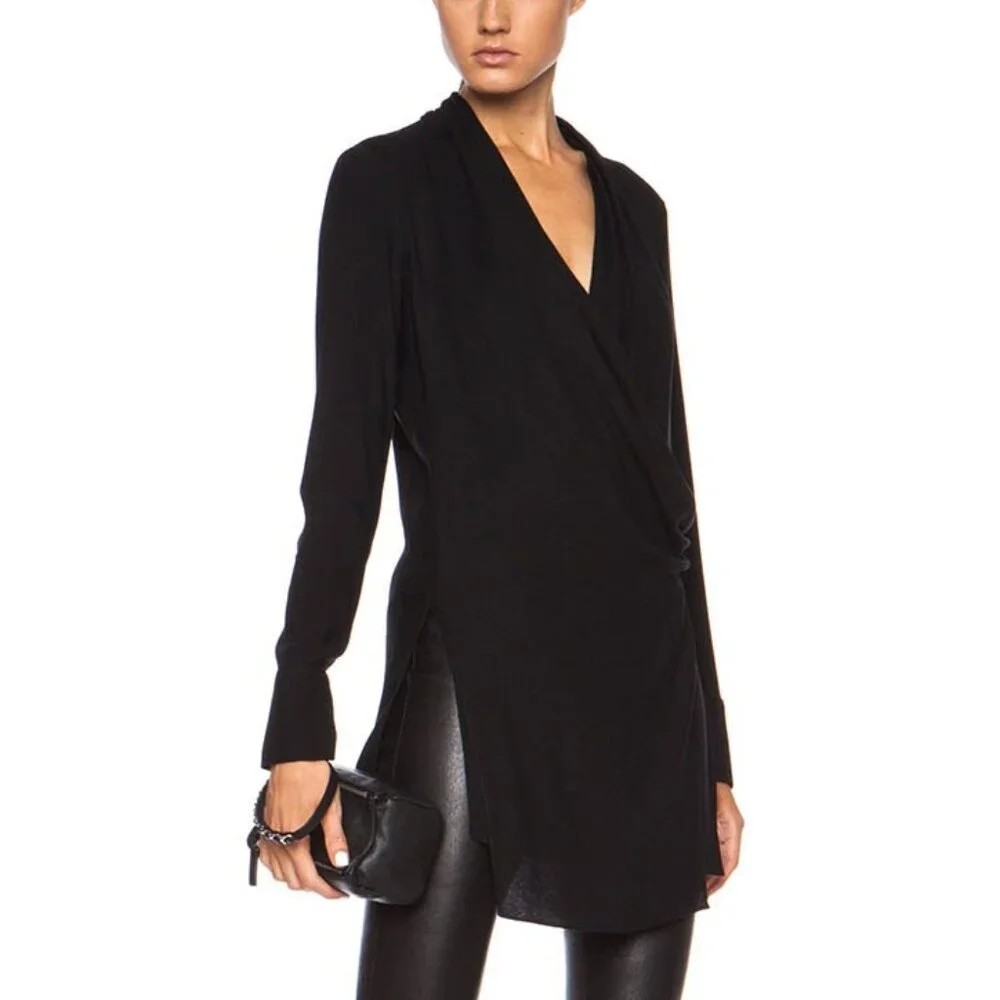 Helmut Lang Black Fold Over Draped Viscose-Blend Top Spring 2015 XS-S