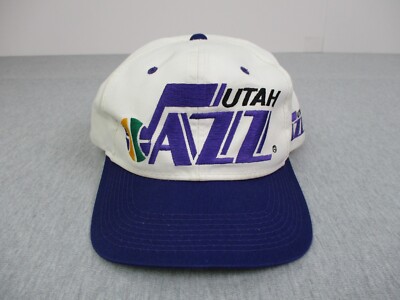 Vintage Utah Jazz Hat Snapback NBA White Purple BigLogo Blockhead Spellout G Cap
