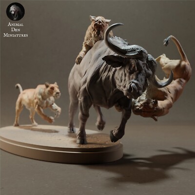 Löwen Jagd Cape Büffel - 3D gedrucktes Modell - unbemalt - Tiere Miniaturen