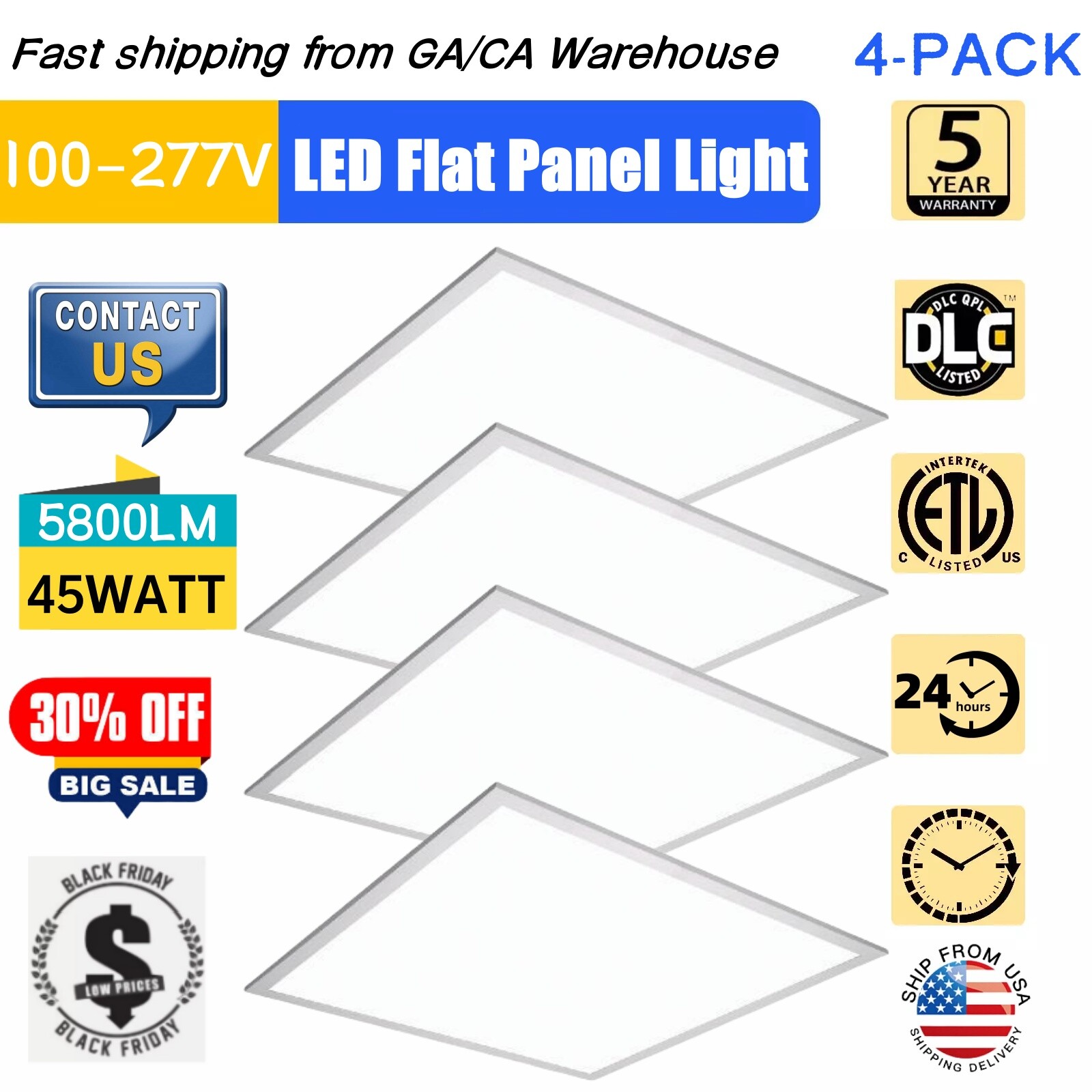 2x2 FT LED Panel Light 0-10V Dimmable 45 Watts 24x24 inch Ceiling Light Fixture