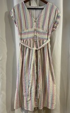 Ann Taylor LOFT Size 10 Petite Dress Striped Button Waist Midi Seersucker