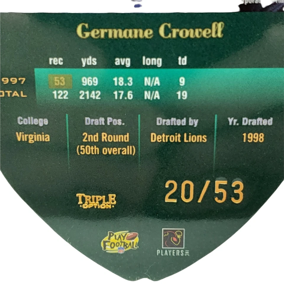 1998 Playoff Contenders Leather Gold | #27 | Germane Crowell | Rookie RC #'d /53 - Image 3 of 3