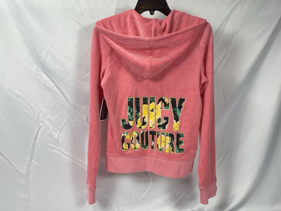 Juicy Couture 丝绒拉链连帽衫女式珊瑚粉色 M 码 — 第 4/4 张图片