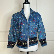 Boho Floral Embroidered Denim Jacket   Whimsical Vintage Y2K Vibes Small 