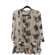 Ro & De Boho Peasant Floral Print Dress Womens XS Ivory Ruffle Long Sleeve