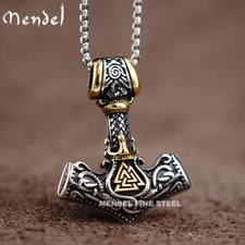 MENDEL Mens Gold Plated Viking Thors Hammer Valknut Mjolnir Pendant Necklace Men