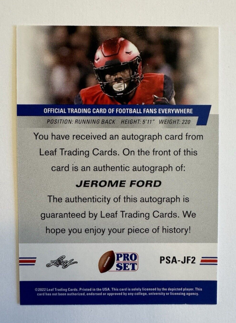 2022 Leaf Pro Set Football - Jerome Ford #PSA-JF2 - RC - Autograph view 2
