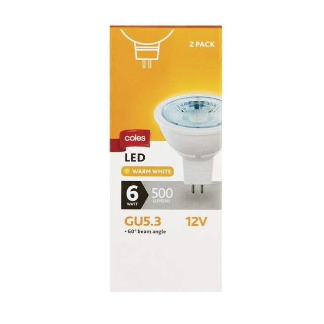 Coles GU5.3 12V 500 Lumens 6 watt Warm White LED Globe 2 pack for sale