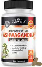 BioSchwartz Extra Strength Ashwagandha 500Mg, Vegan, Non-GMO, 120 Capsules