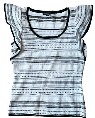 WHITE HOUSE BLACK MARKET ECRU WHITE BLACK FLUTTER SLEEVE POINTELLE STRIPE TOP M