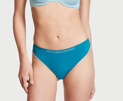 VICTORIA SECRET BARE Seamless Logo Thong Panty Blue  XL Silky Smooth