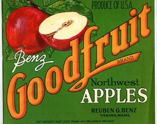 Benz Goodfruit Northwest Apple Fruit Crate Label Original Vintage 1940's Yakima