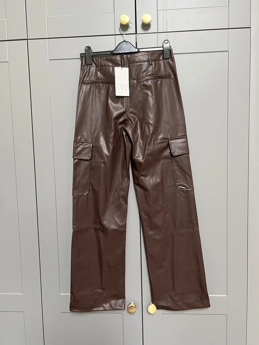 ZARA Dark Brown High Waisted Faux Leather Cargo Trousers S