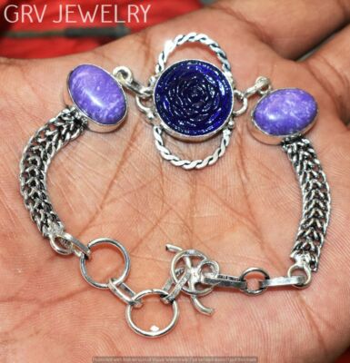 Simulated Moldavite Charoite Bracelet 925 Silver Overlay Size 7''-8'' U267B-202