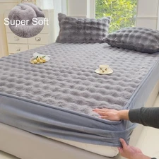 Luxury 3PC Plush Bed Set–Fluffy Rabbit Fur-Like Fleece Fitted Sheet Pillow Cover