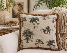 Palm Tree Tapestry Throw Pillow 17x17 Fringe Trim Tropical Coastal Boho Deco VTG