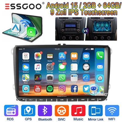 9'' Autoradio Android 15 2+64GB GPS Navi ChatGPT Für VW Polo Golf 5 6 Plus Touran