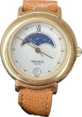 Vtg GRUEN MOON PHASE Watch 16.5mm Date White Dial Brown Leather NEW BATTERY
