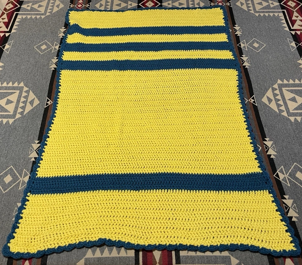 Manta afgana de ganchillo hecha a mano amarillo azul a rayas Ucrania 28x40 M4 Foto 4 de 4