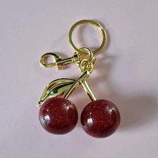 Cherry Fruit Charm Key Chain Red Glitter Gold Tone Resin Metal Women's Accessory