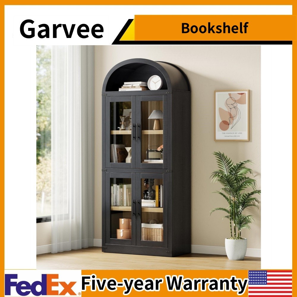 ✔️72'' Tall Arched Bookshelf with Doors Farmhouse Bookcase