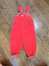 Vintage OshKosh Red Corduroy Overalls Size 4T Plaid Trim Made In USA Vestbak