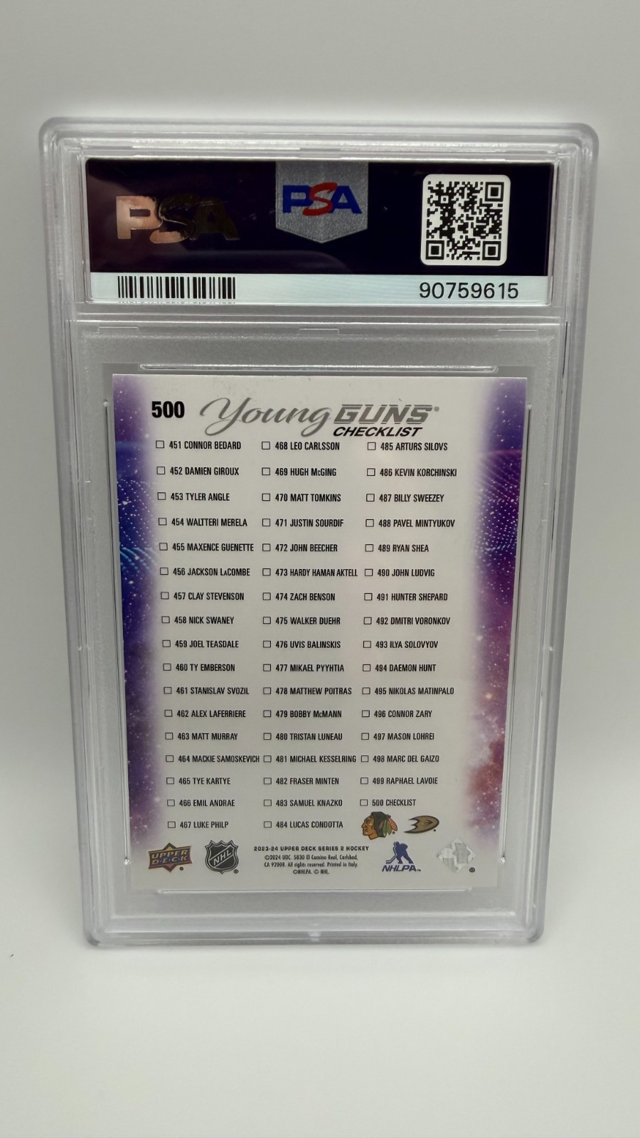 2023-24 Upper Deck Series 2 Young Guns Checklist #500 Bedard Carlsson PSA 8 view 2
