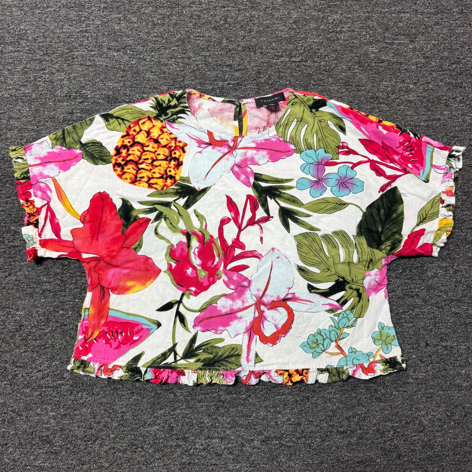 Tahari Ruffle Blouse Floral LINEN Top Shirt Womens Sz M Multicolor Hawaiian