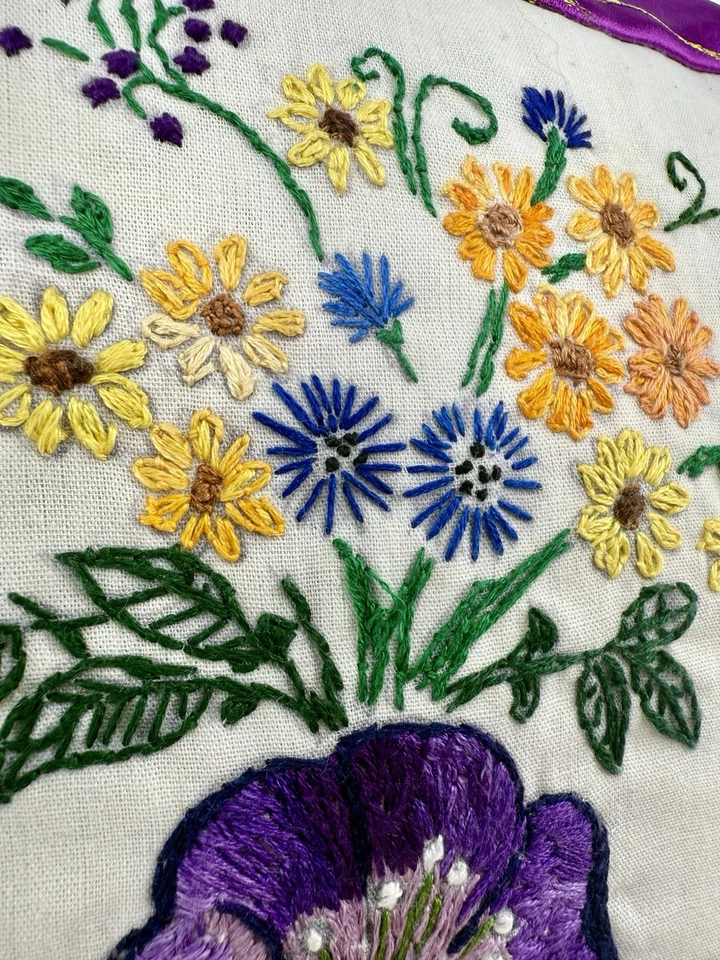 Handmade Embroidered Floral Butterfly Throw Pillow 12x12 Purple Satin EUC - Image 4 of 4