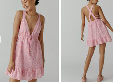Urban Outfitters Women's Mini Dress Hansel Strappy Back Ruffle Hem Hearts SMALL