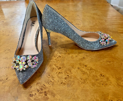 NEW Neiman Marcus Silver Heels with Rhinestones sz 8.5