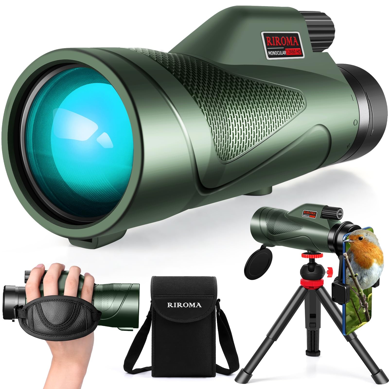 12x60 HD Monocular Telescope with Smartphone Adapter Tripod 