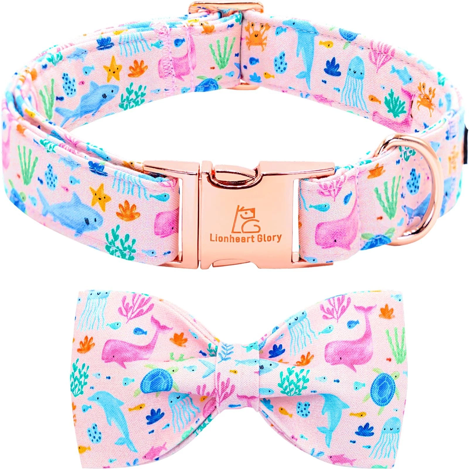 Pink Sea Animals Print Dog Collar With Bowtie Soft Adjustable Small Pet Bow
