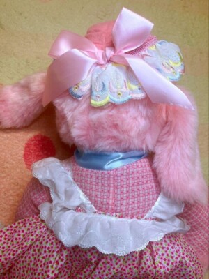 RUSHTON Rubber Face Plush Bunny Pink Doll 60cm Lace flower Vintage