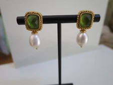 Julie Vos Marbella Pearl Drop Earrings with Green Stones