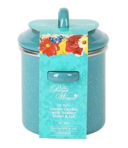Pioneer Woman ~ Teal Speckle ~ 37 Oz. Grease Catcher with Strainer Insert & Lid