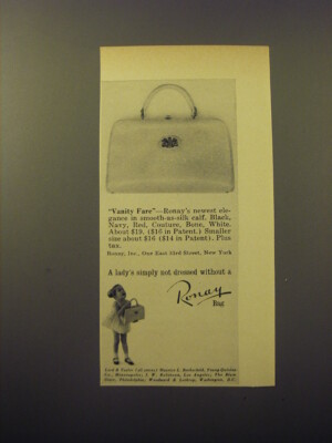 1960 Ronay Vanity Fare Handbag Ad - A lady's simply not dressed without a Ronay