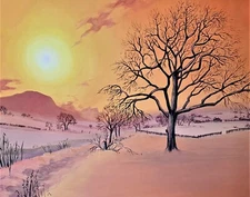 ACEO print of painting RYTA  ART Landscape Winter Christmas Sunset Folk Tree 🎄