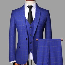Men's 3 Pieces Suit and Vest Plaid One Single Button Classic Fit Suit NEW