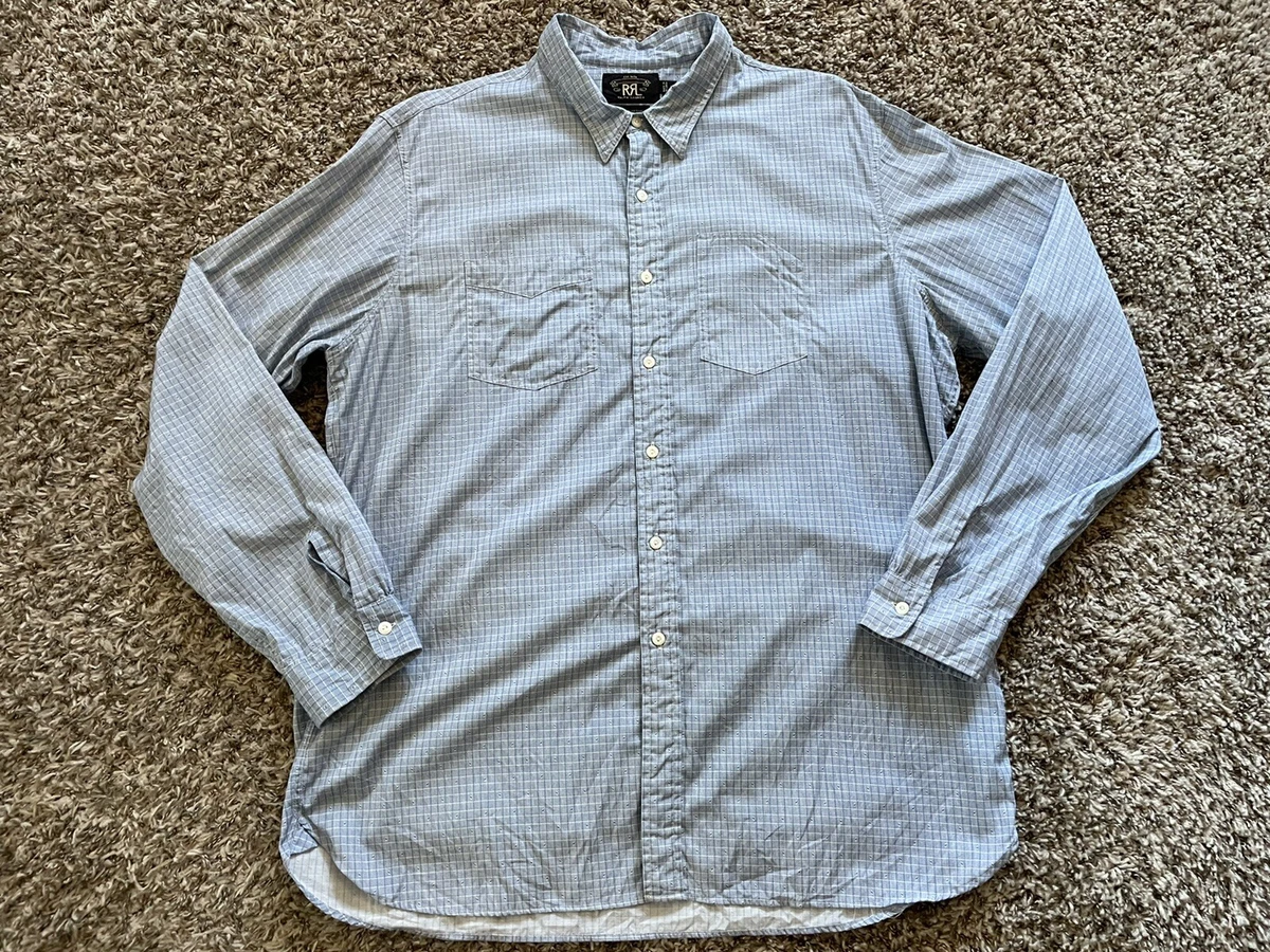 RRL Ralph Lauren Men's Blue Check Slant Pocket Woven Cotton Twill Work Shirt XL